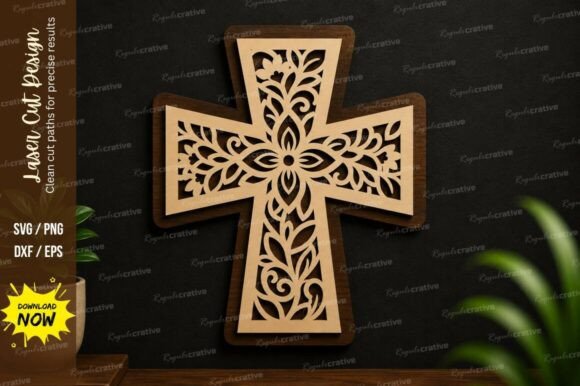 Elegant Floral Cross Ornament Laser Cut SVG